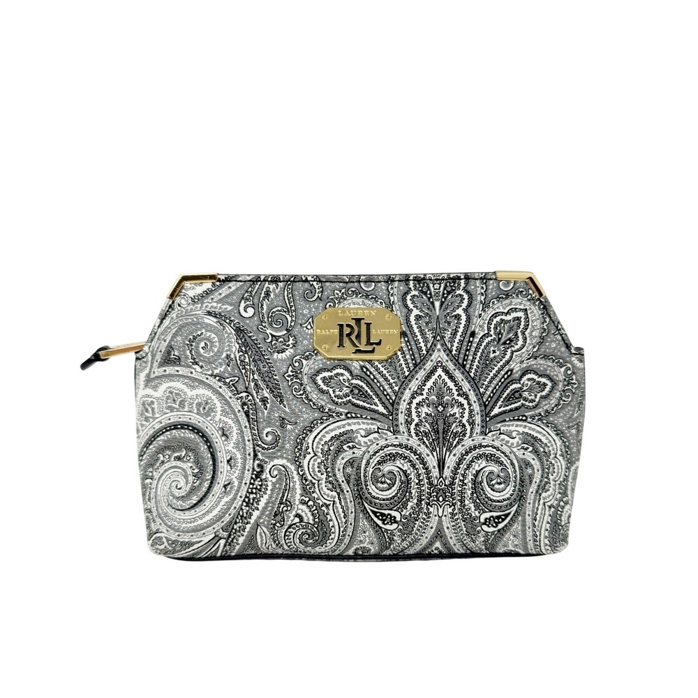 Ralph Lauren Black White Paisley Vegan Leather Clutch Bag
